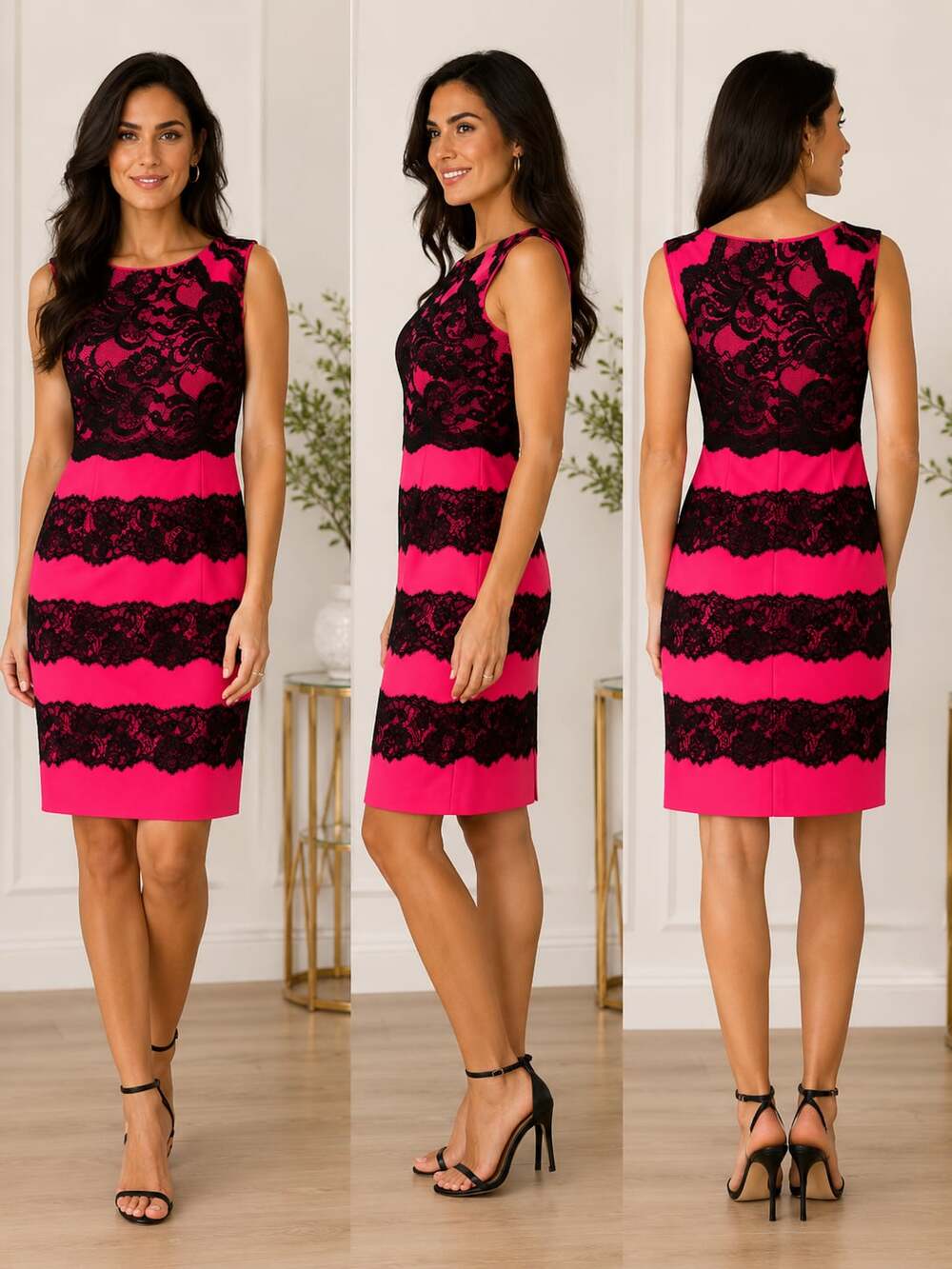 Antonio Melani Sleeveless Magenta and Black Lace Striped Sheath Dress